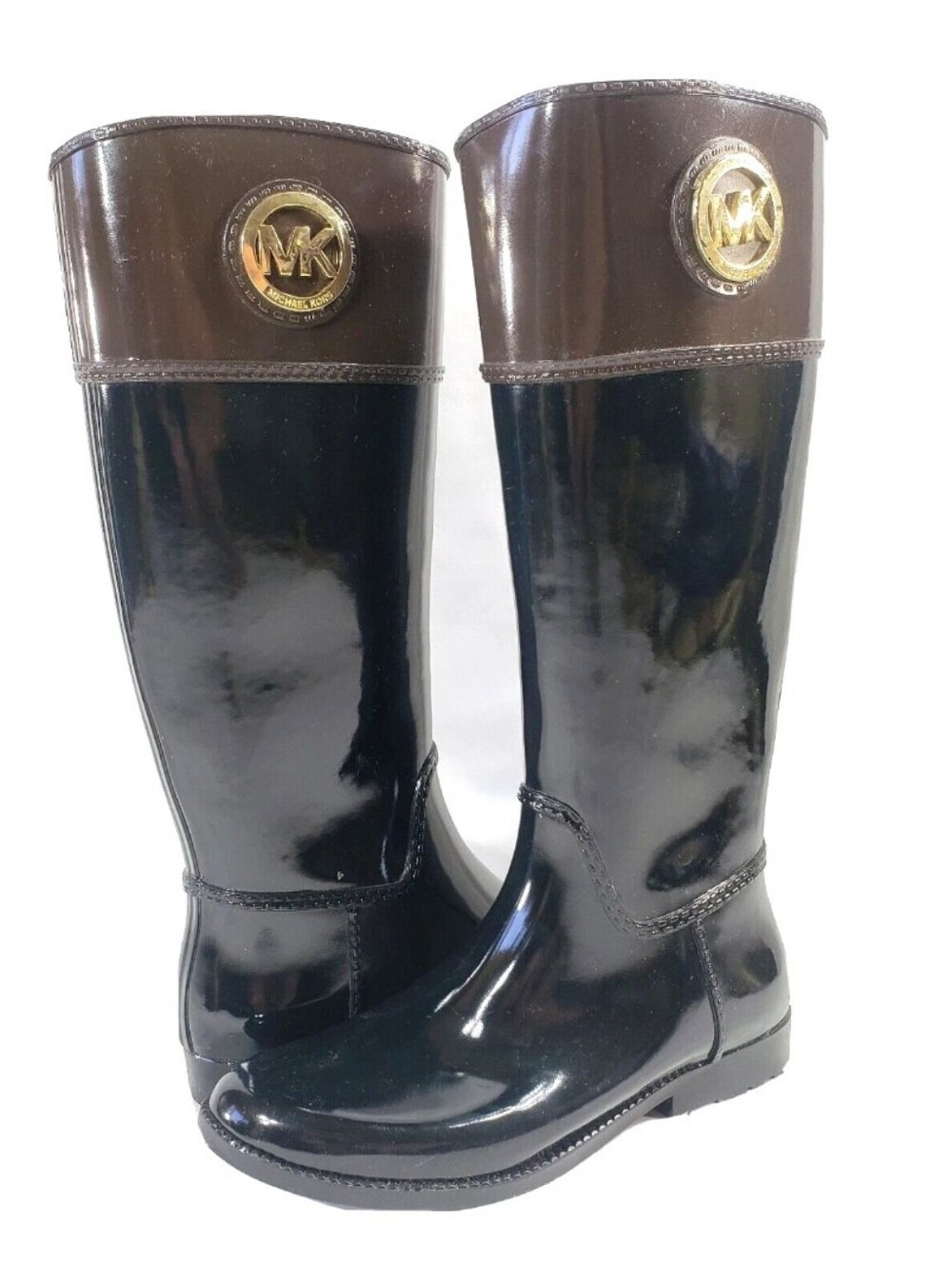 MICHAEL KORS Stockard Gloss Rubber Rain Boots Sz 10 Black Brown Tall Equestrian